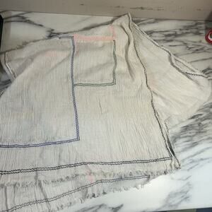 EILEEN FISHER Scarf Wrap Capris Plaid Patchwork Fringe Coastal Linen Cotton